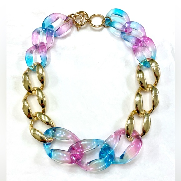 Rush By Denis & Charles Jewelry - Gold & Pastel Pink Blue Resin Link Necklace - Women Jewelry